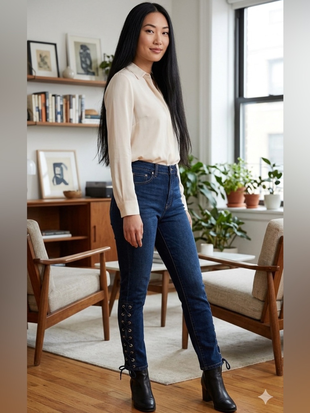 Venus Woman Blue Jeans with Lace-Up Detail